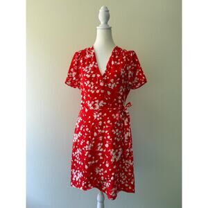 J.Crew Size 4 Wrap Mini Dress Red White Floral Short Sleeve V-Neck‎ Cottagcore